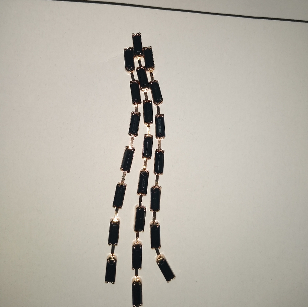 BLack baguette dangle post back earrings 4" long 3 strands gold plated E… - Picture 4 of 6